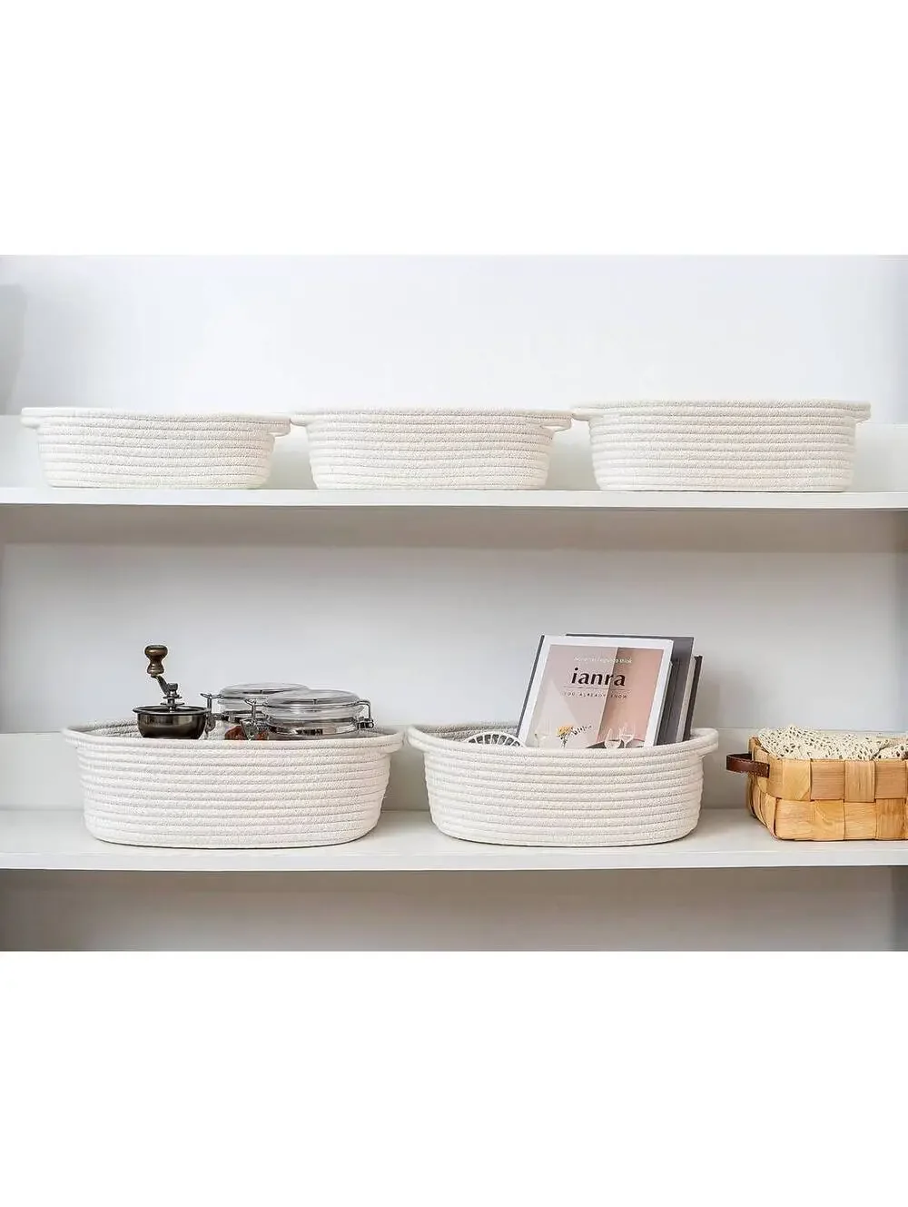 CubesLand Small Woven Rope Storage Baskets, White, Set of 5 - Multi-Size Cotton-